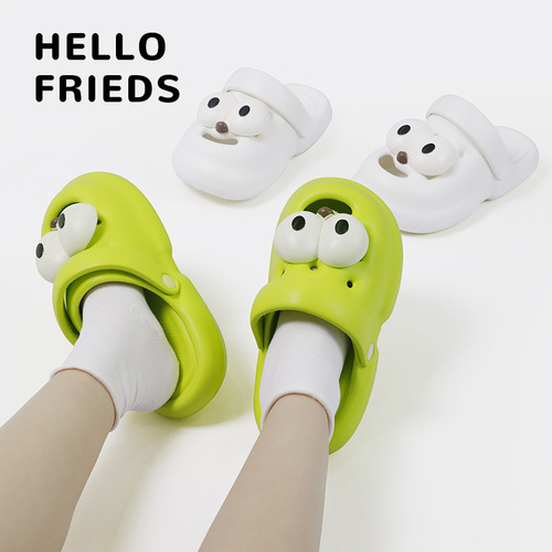 Big-eyed dog slippers women's summer outer wear Baotou cute cartoon slippers home indoor non-slip hole shoes women's summer
