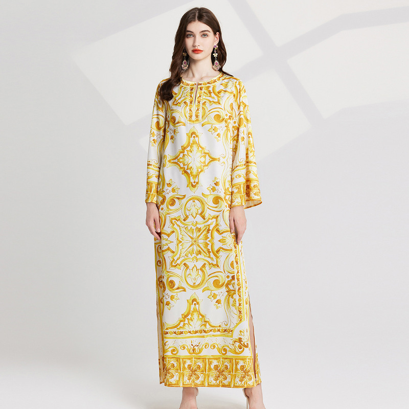 2024 New Vintage Printed National Style dress Women's Summer Round Neck Large Swing Loose Trumpet Sleeve Split and Dress