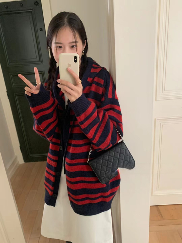 2025秋冬新款撞色条纹连帽毛衣外套女韩系慵懒风女装长袖针织开衫|undefined