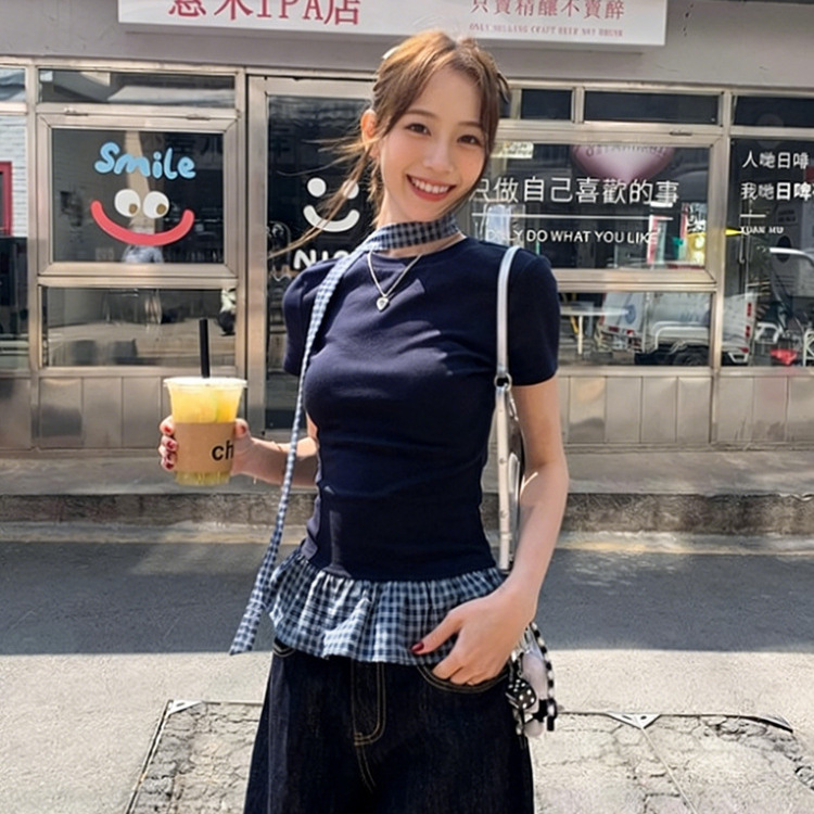Women's Vintage Plaid Patchwork False Two-Piece Short Sleeve Tee - Slim Fit Retro Style Summer Top_ecoleips.com