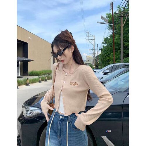 American street two-piece set T-shirt knit cardigan women's short slimming hot girl early autumn casual top
