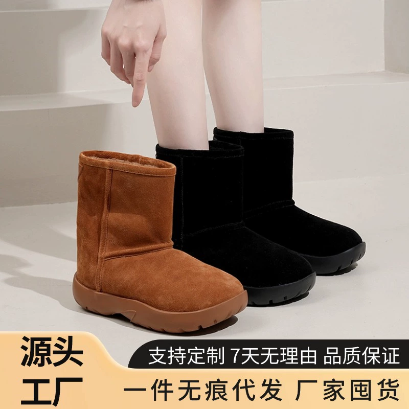 Женские зимние сапоги на толстой подошве 2023, новая модель, на флисовой подкладке, утепленные, теплые, хлопковые, уличные, без застежек, короткие, «хлебные» сапоги