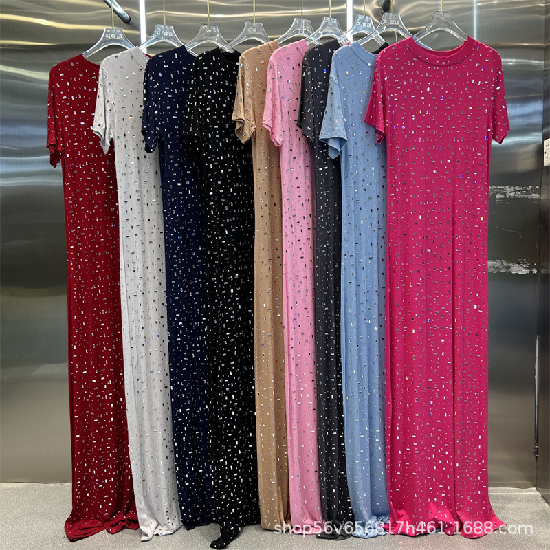 European Heavy Industry Hot Diamond Shiny Round Neck Short-Sleeved Long Slim Pure Color Versatile Dress for Women Spring and Summer