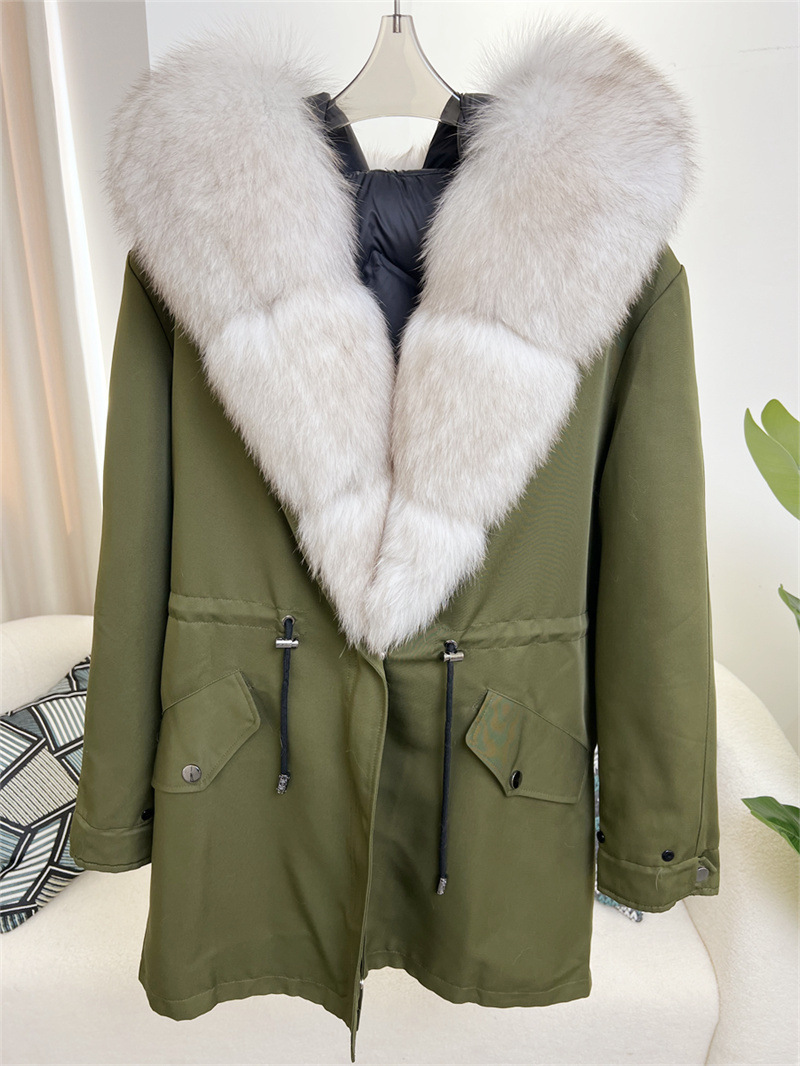 Damenbekleidung Abnehmbarer Parka aus Fuchspelz Mittellanger Kapuzenmantel_voghion.com