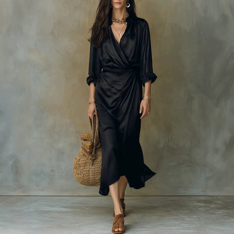 2026 European and American Cross-Border Matte Satin Lapel Wrap Dress V-Neck Waist-Cinching Slit Waist-Cinching Work and Vacation Dress
