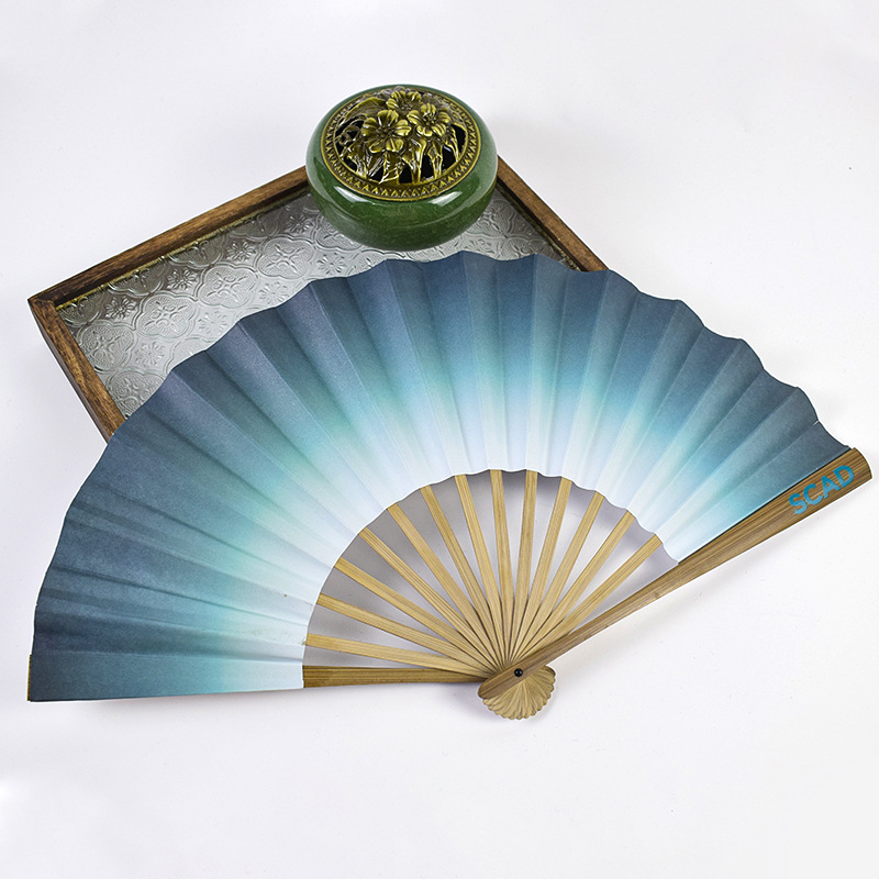 Imagen se puede personalizar ventilador de papel ventilador de las mujeres productos hechos a mano 21cm23cm borde de hueso recto pantalla de seda de hueso de un solo lado dos verde cabeza verde estilo japonés