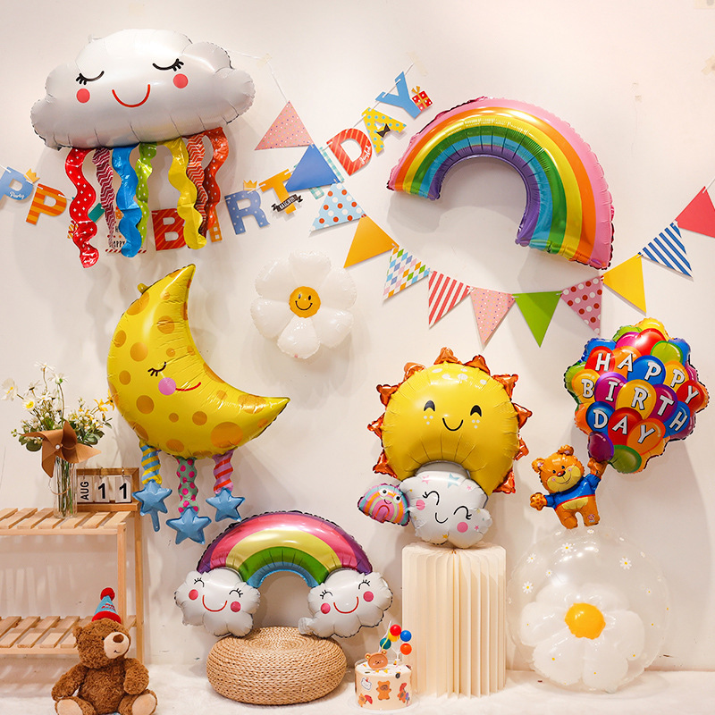 Rainbow Cloud Daisy-Shaped Aluminum Foil Balloon Photo Prop for Baby's Children's Day Birthday Party Sunflower