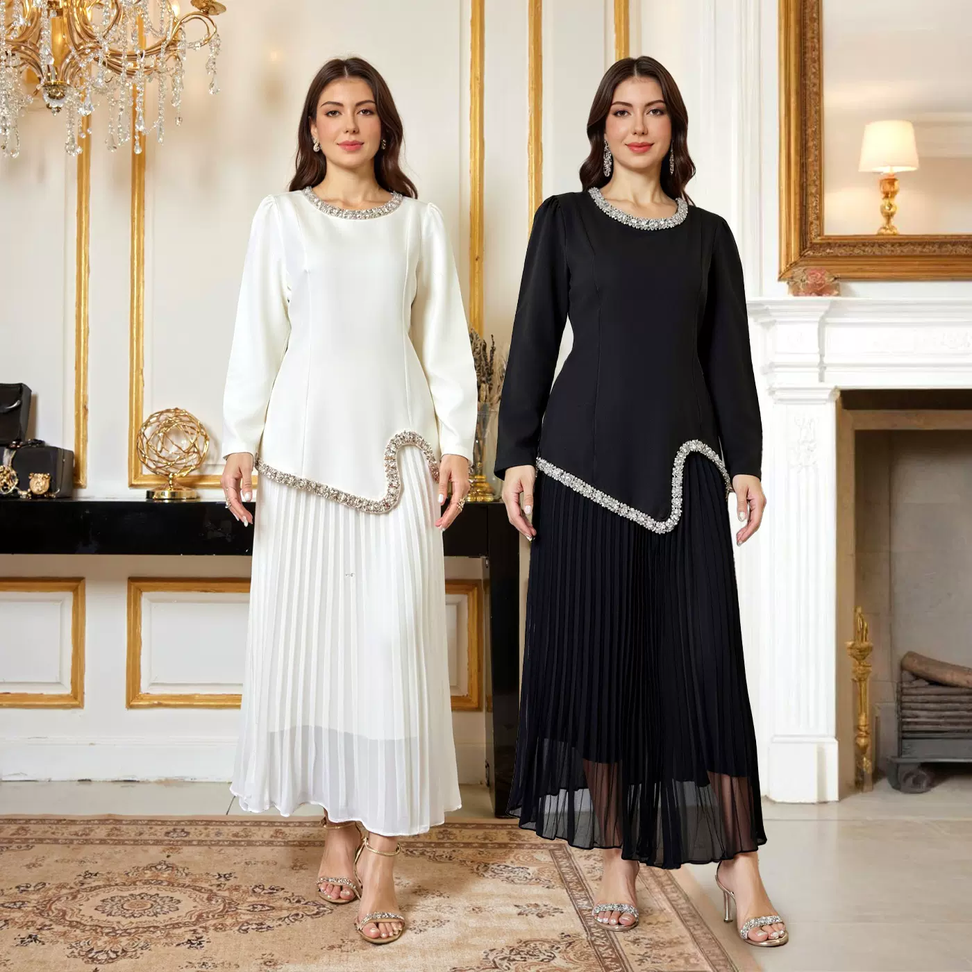 跨境大码女士优雅两件套连衣裙 钉钻套装百褶裙 女士长裙外贸批发