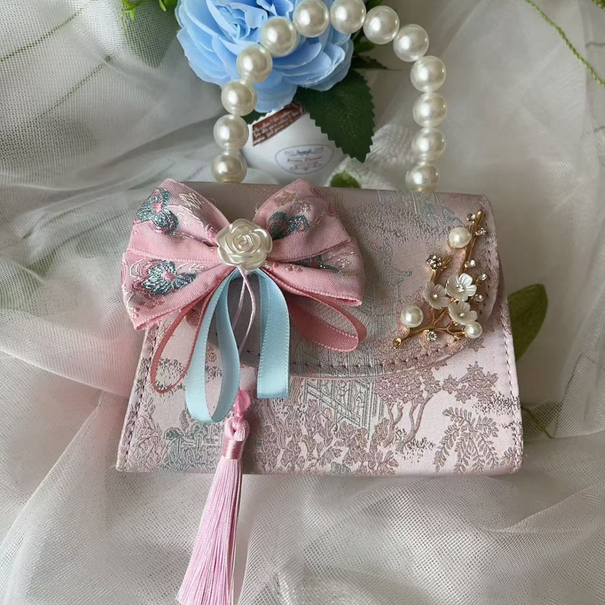 Bolso de princesa de niñas 2025, otoño nueva chica lindos bordillos de encaje mochila bolso de perlas de estilo chino Aisha