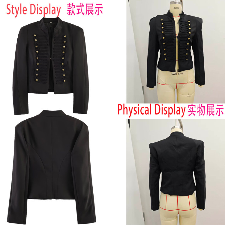 Cross-Border Women's Fashion European and American Style Stand-Collar Short Blazer Slim Fit Double-Breasted Metal Buckle Decorated Long-Sleeve Jacket