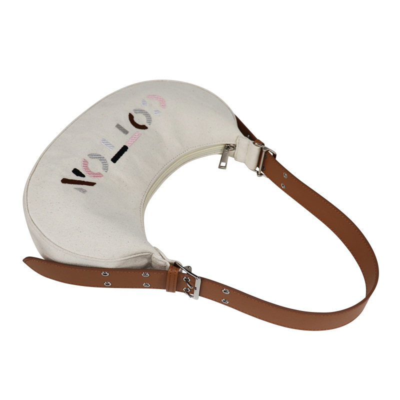 Custom Letter Embroidered Crescent Bag Niche Baguette Underarm Bag For Women Canvas And Leather Shoulder Bag Luxury Dumpling Bag - Thumbnail 3