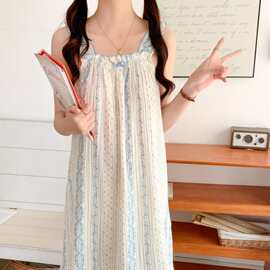批发货源 新款吊带睡裙女夏季甜美花边双层棉纱纯棉家居服睡衣