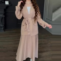 欧美跨境外贸2025春季宽松绑带口袋V领开衫外套舒适半身裙套装女