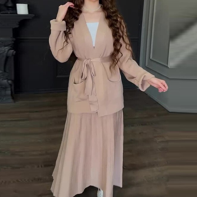 欧美跨境外贸2025春季宽松绑带口袋V领开衫外套舒适半身裙套装女|undefined