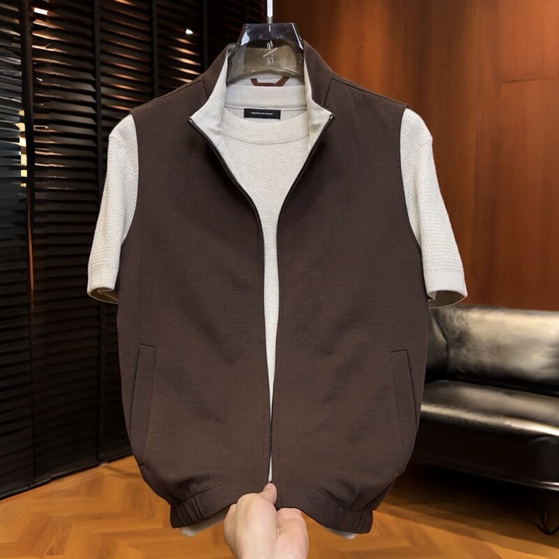 Old Money style color-blocked stand-up collar zip-up vest jacket for men, autumn thin high-end simple business casual waistcoat Old Money style color-blocked stand-up collar zip-up vest jacket for men, autumn thin high-end simple business casual waistcoat