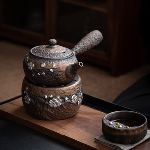 Wholesale stoneware gilded side teapot single pot plum blossom retro kung fu tea set handmade ceramic warm tea stove suit