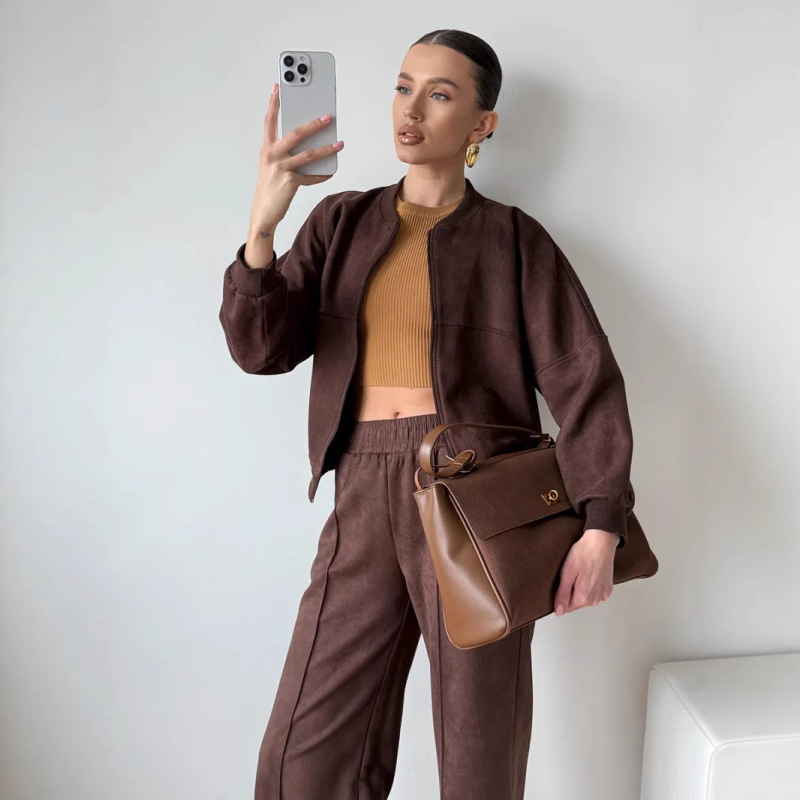 Amazon Cross-Border Casual European and American Solid Color Zipper Cardigan Women's Sweatshirt Suit Elastic Straight Pants Two-Piece Set for Women