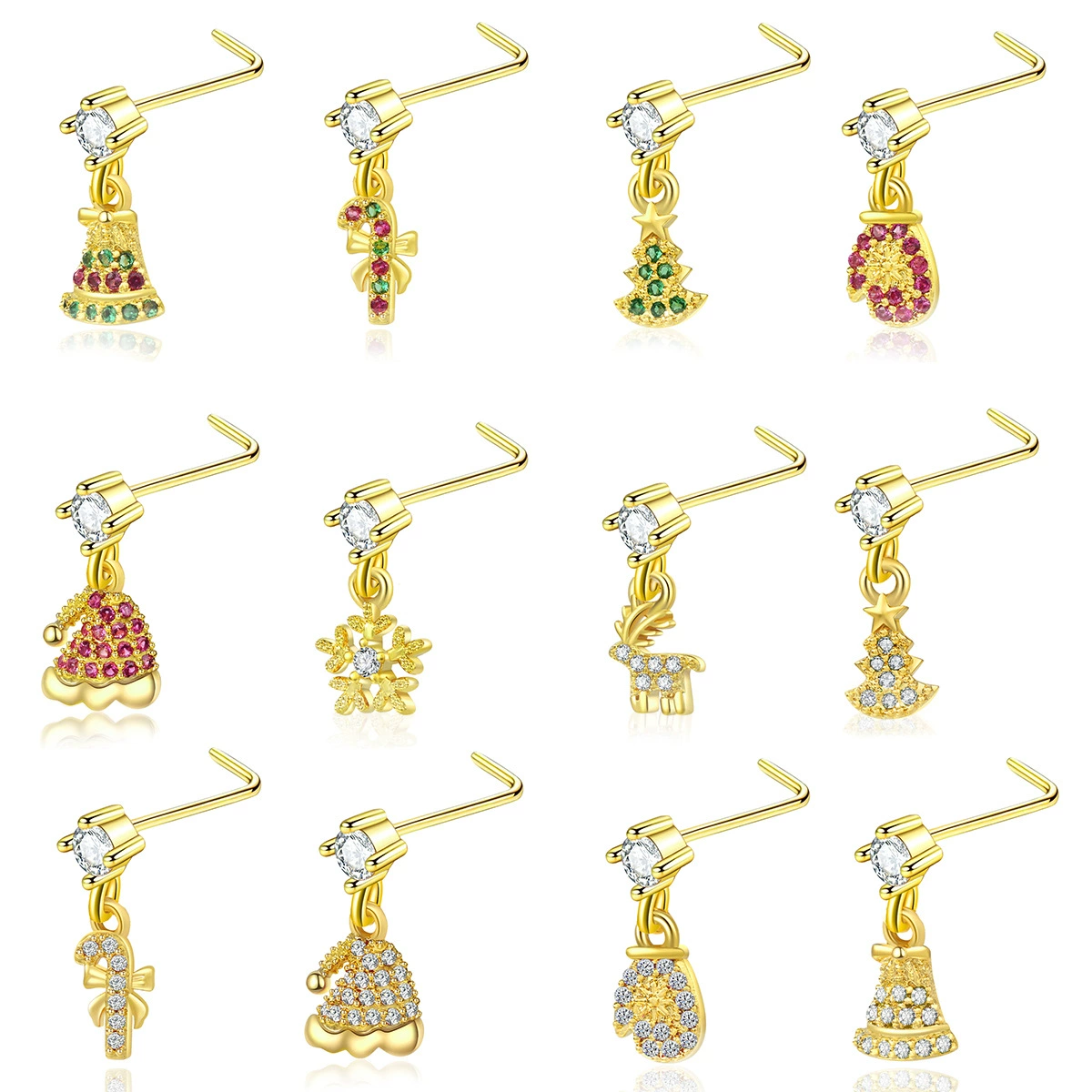 Трансграничный L-образный стержень изогнутый игла пирсинг ювелирные изделия цветной циркон рождественский кулон носовой гвоздь 18K золотой нос носовое кольцо