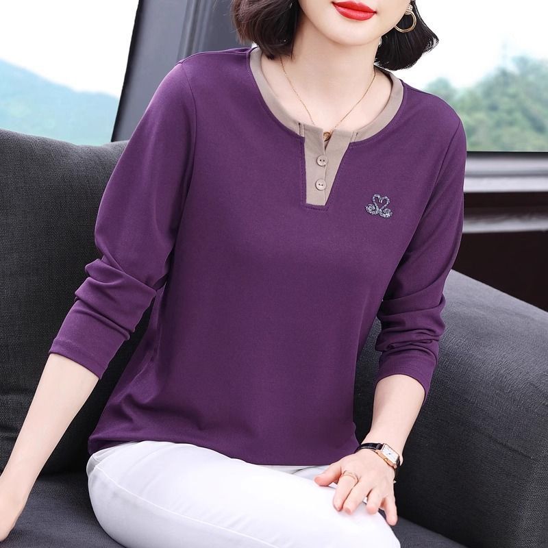 长袖t恤女装跨境春秋季新款中年妈妈上衣大码胖mm宽松显瘦打底衫