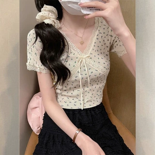 蕾丝辣妹短款T恤夏季碎花花边甜美修身短袖上衣ins