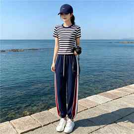 深圳南油时尚运动套装女2026夏季条纹短袖上衣抽绳阔腿裤两件套