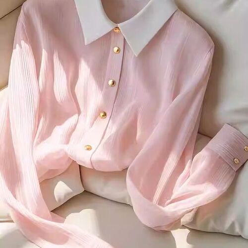 French light luxury pink long-sleeved shirt, early autumn new style, chic chiffon top