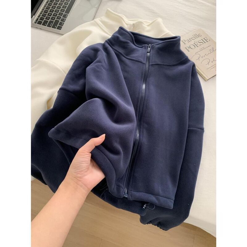 Korean Style Fashionable Thickened Warm Fleece Sweatshirt Jacket for Women with Stand Collar and Zipper, Autumn and Winter Fleece Short Top