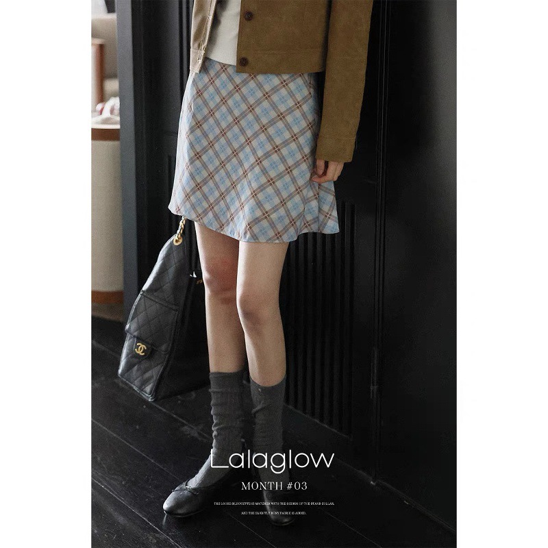 Lalaglow 法式复古撞色A字显瘦半身裙通勤百搭格纹短裙女夏季新款