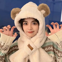 小熊帽子围巾一体冬天女款骑车加厚保暖帽围脖冬季连帽一体毛绒帽