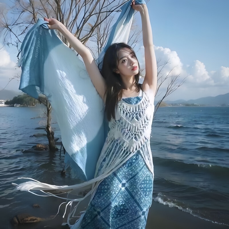 Bohemian Resort Style Strappy Suspender Dress with Waist Slimming Design Long Skirt Hollow Tassel Blouse Skirt