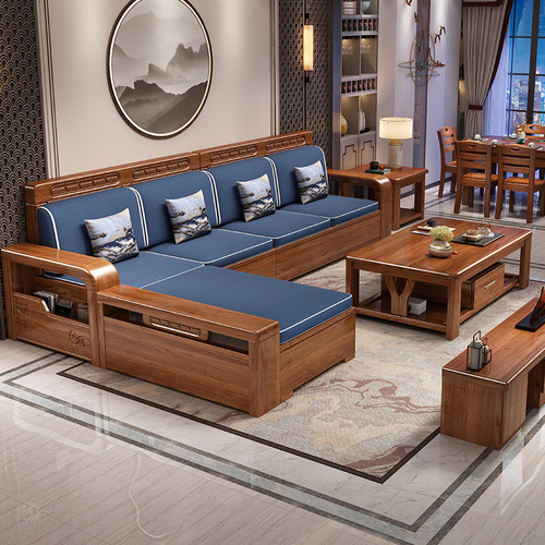 Walnut solid wood sofa combination new Chinese style winter and summer dual-use living room storage sofa corner type chaise sofa