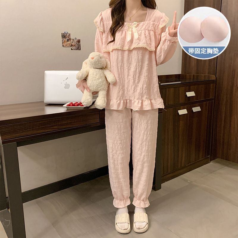Al por mayor transfronterizo primavera y otoño nuevo pijama de mujer cinturón de pecho tejido nubes algodón manga larga dulce princesa ropa de estilo casero cubierta