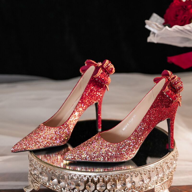 9000B-016 bow sequined gradient one-piece red high heels luxury wedding shoes banquet dress women's shoes 9000B-016 bow sequined gradient one-piece red high heels luxury wedding shoes banquet dress women's shoes