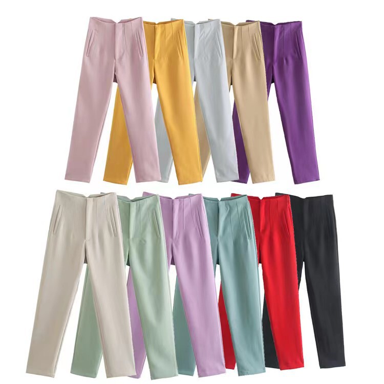 European and American Cross-Border New Slim Fit Solid Color Smocked Micro-Elastic Formal Straight Pants Casual Pants Trousers Women's Pants