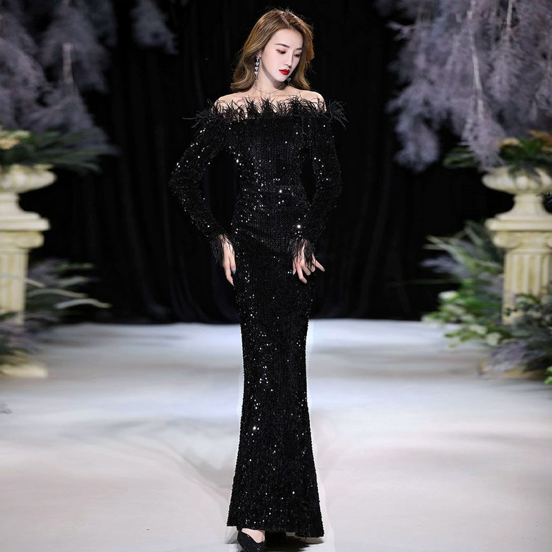 Evening dress female temperament goddess fan high-end socialite party banquet slim slimming dinner sequined long dress