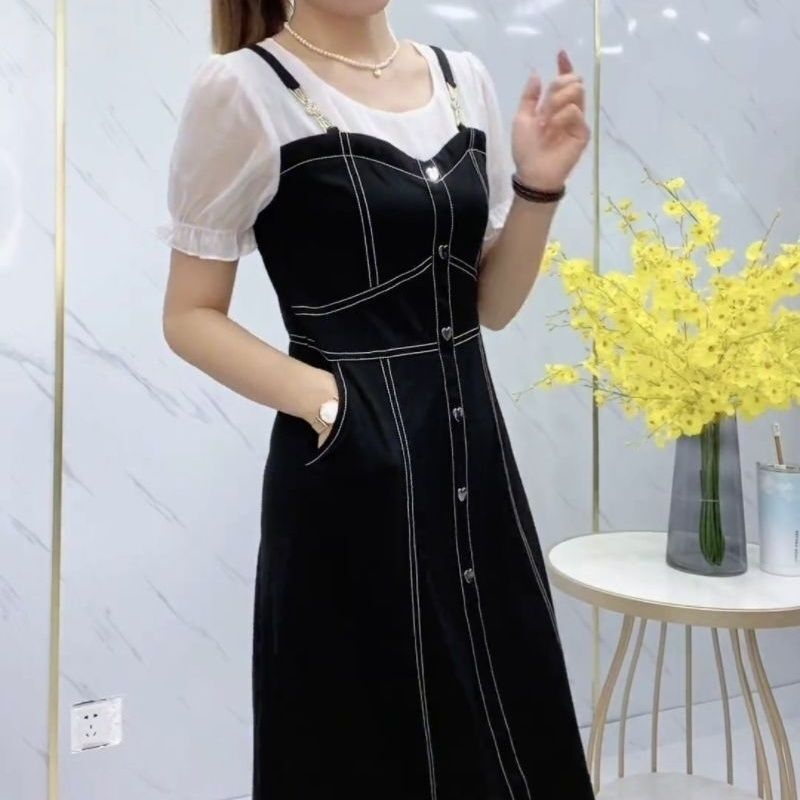 夏季收腰大摆型中长款连衣裙妈妈装减龄洋气显瘦拼接休闲短袖裙子|undefined