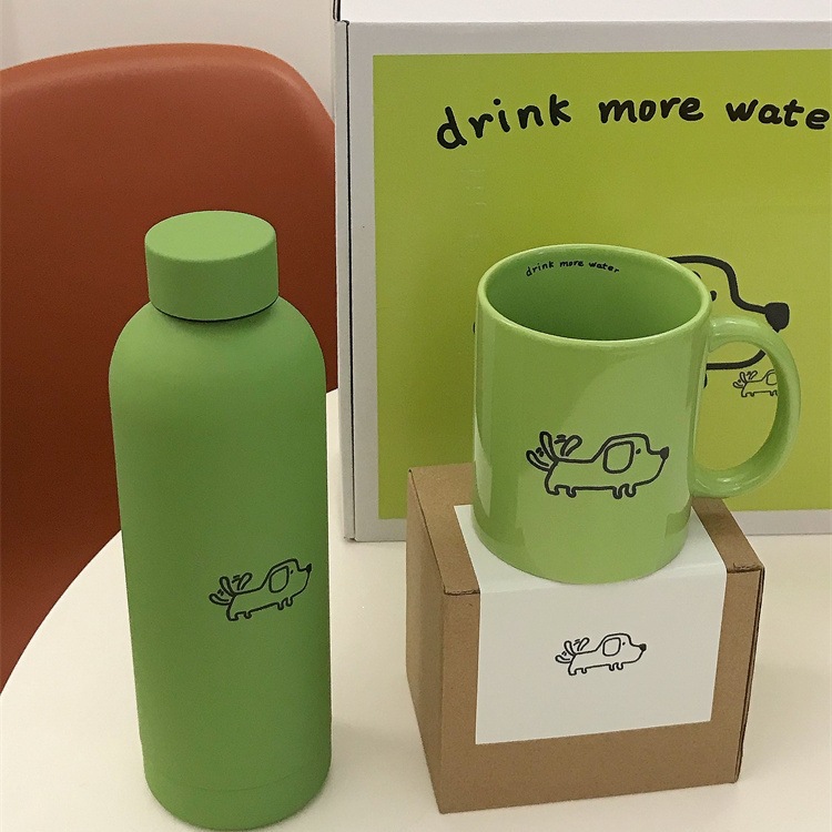 ins anti-anxiety green cup cute cartoon puppy gift box set stainless steel thermos cup ceramic mug