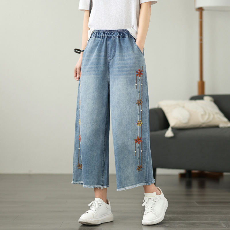 Ethnic Style Heavy Embroidery Jeans for Women 2025 Spring and Summer New High-Waisted Slimming Look Age-Reducing Loose Wide-Leg Pants