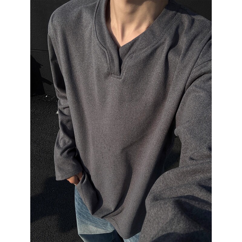 dark gray Heavy V-neck Sweater Men's Autumn and Winter cleanfit High-end Sense Base Long-sleeved T-shirt American Henry Shirt