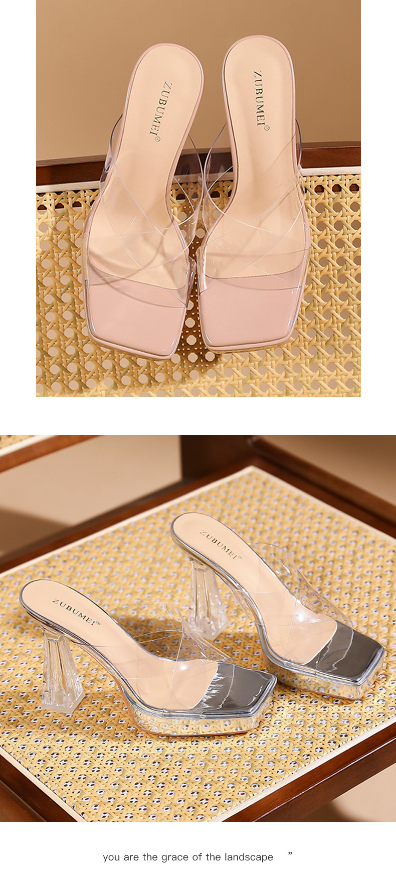 Sandal cao gót nữ quai chéo trong suốt, mũi vuông, đế platform, gót 11 cm — Bạc-11cm chi tiết 8