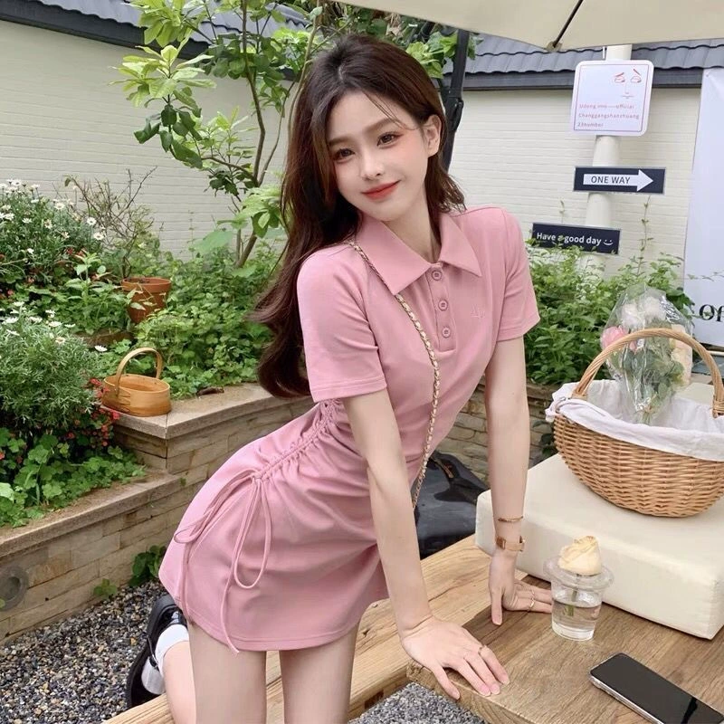 Платье с коротким рукавом и воротником поло женское летнее в Корейском стиле 2024 Новая розовая юбка для похудения с ветром и чистым желанием
