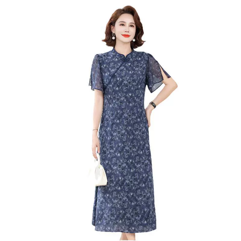 Среднего и пожилого летнего нового китайского стиля улучшенный чонсам с печатью чернил темпераментное длинное платье