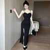 Sexy suspender low cut waist high slit wrap buttocks dress long skirt