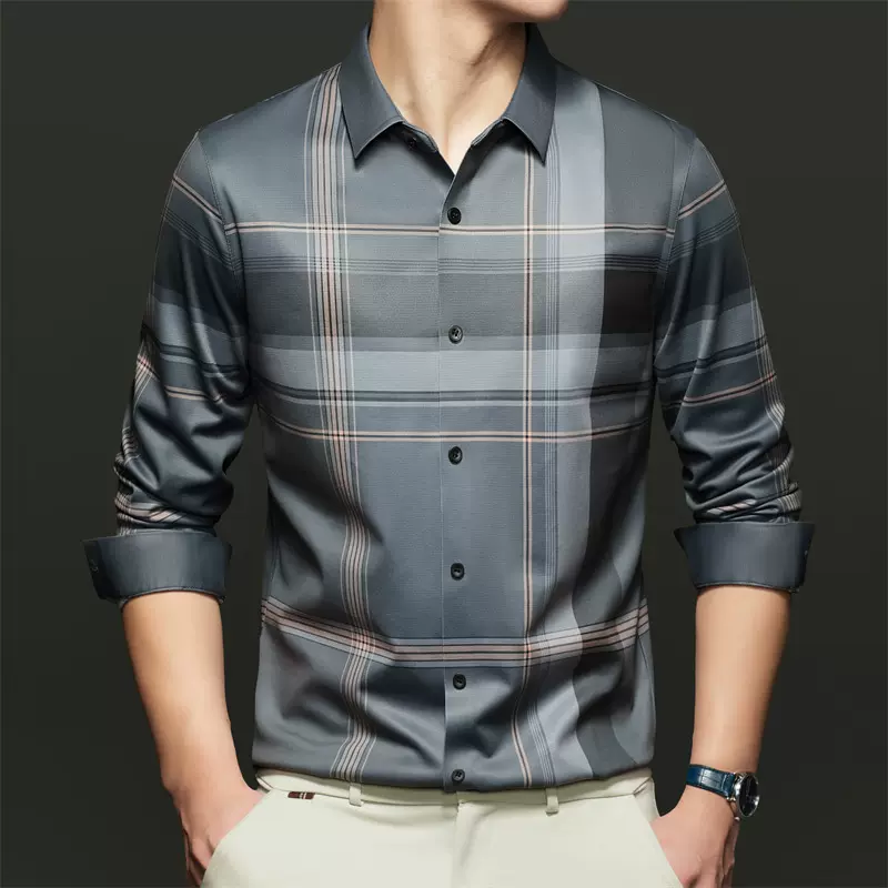 秋冬新品含羊毛格子长袖男士翻领衬衫中年商务休闲爸爸打底衬衣