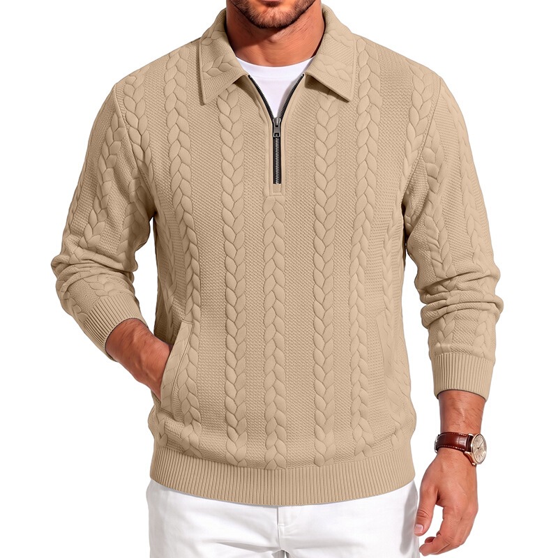 Cross-border Amazon new autumn and winter product: Men's casual simple zip-up long-sleeve polo with heavy jacquard texture Cross-border Amazon new autumn and winter product: Men's casual simple zip-up long-sleeve polo with heavy jacquard texture