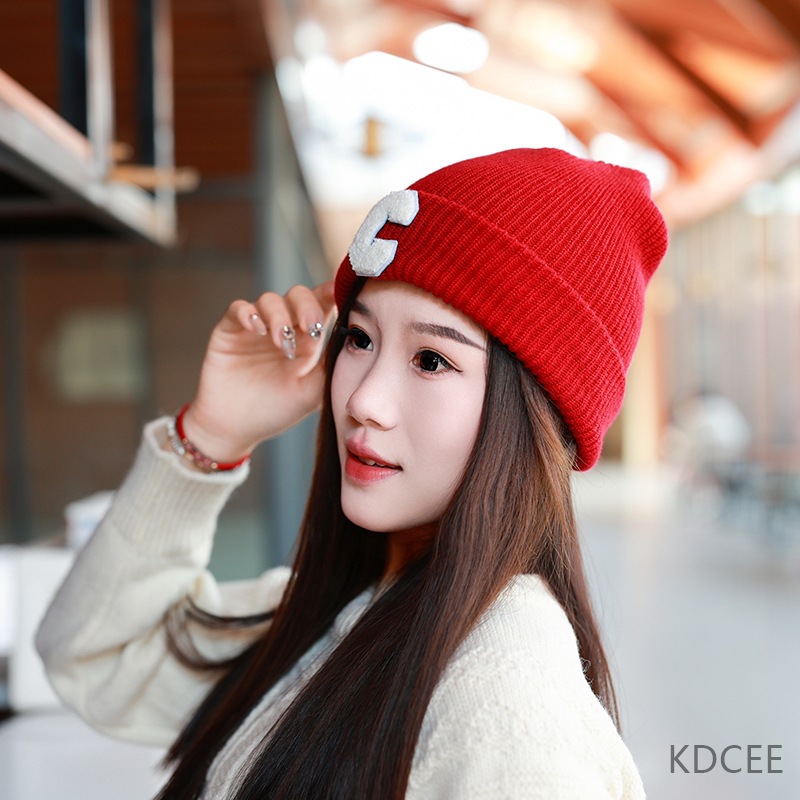 韩版简约毛线帽女C字母针织帽新款秋冬保暖瓜皮帽现货学生百搭ins