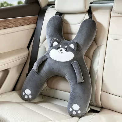 Cross-border children's car headrest, car neck pillow, cartoon children's sleeping aid for car rides, car seat belt to prevent neck strangulation (Headrest) - gray-puppy-42x56