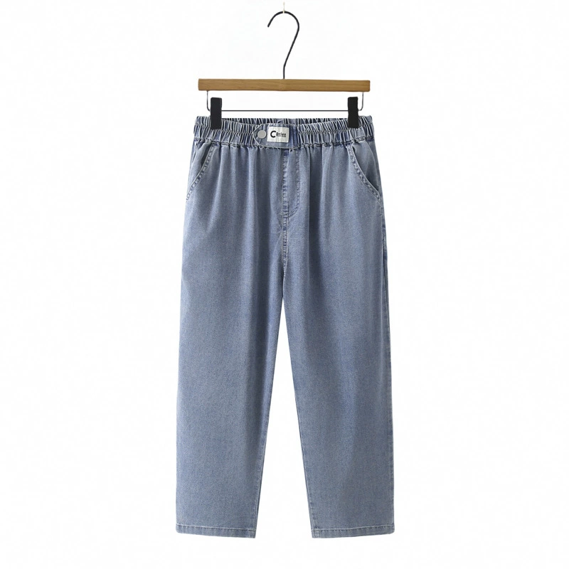 2025 новый летний стиль, модные женские брюки больших размеров из тенселя с эластичной резинкой на талии, универсальные джинсовые брюки с девятью точками 8502