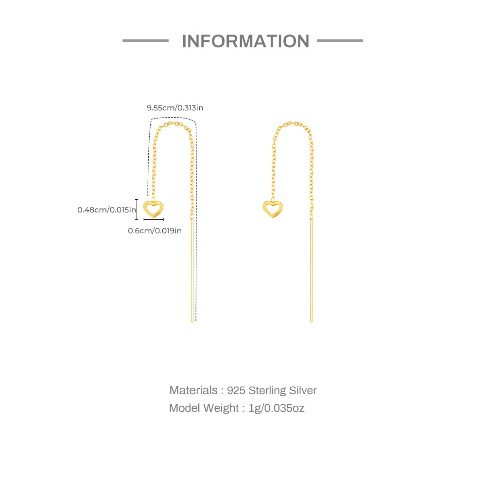 6g Weight 925 Sterling Silver Ear Needle Material Threader Earrings Classification 1 Pair Quantity Daily, Date Occasion 925 Sterling Silver Material Heart Shape Pattern Women's Gender Tassel, Plating Design Sweet Style 1 Pair 925 Sterling Silver Heart Shape Threader Earrings 无