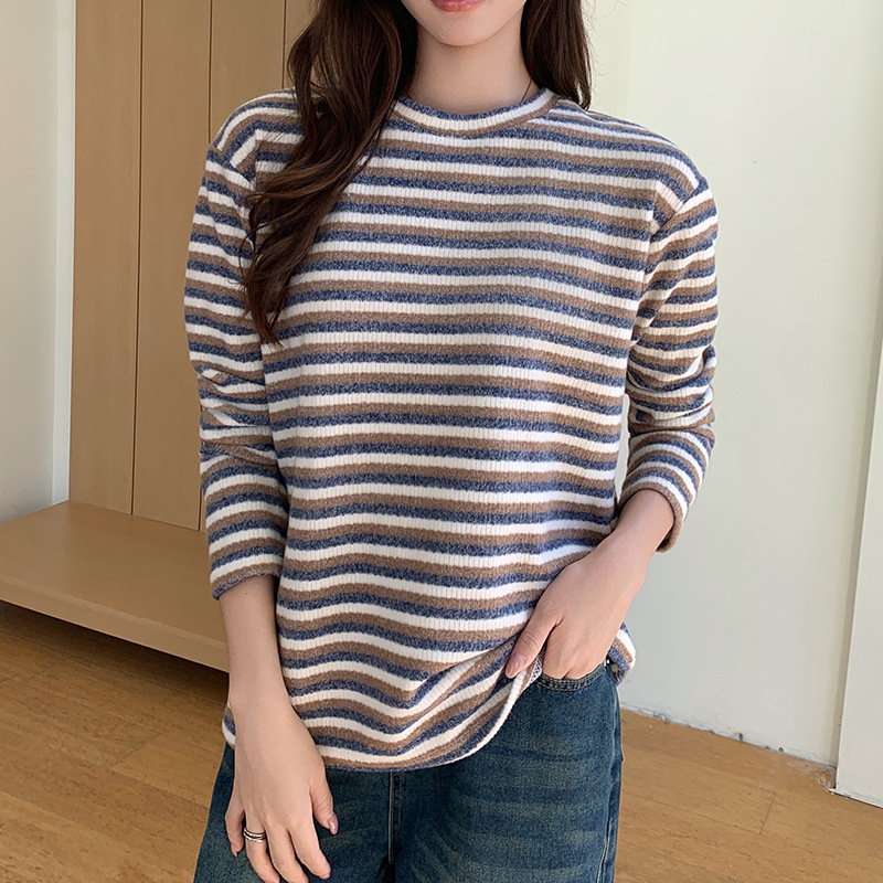 H557严选条纹圆领打底衫女秋冬季内搭保暖毛衣针织衫宽松T恤上衣|undefined